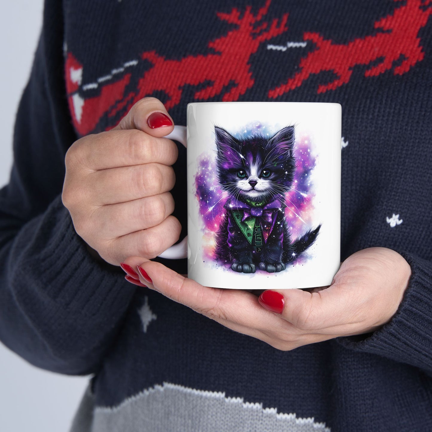 Cosmic Kitten Galaxy Mug – Starry-Night Cat in Bow-Tie Ceramic Cup