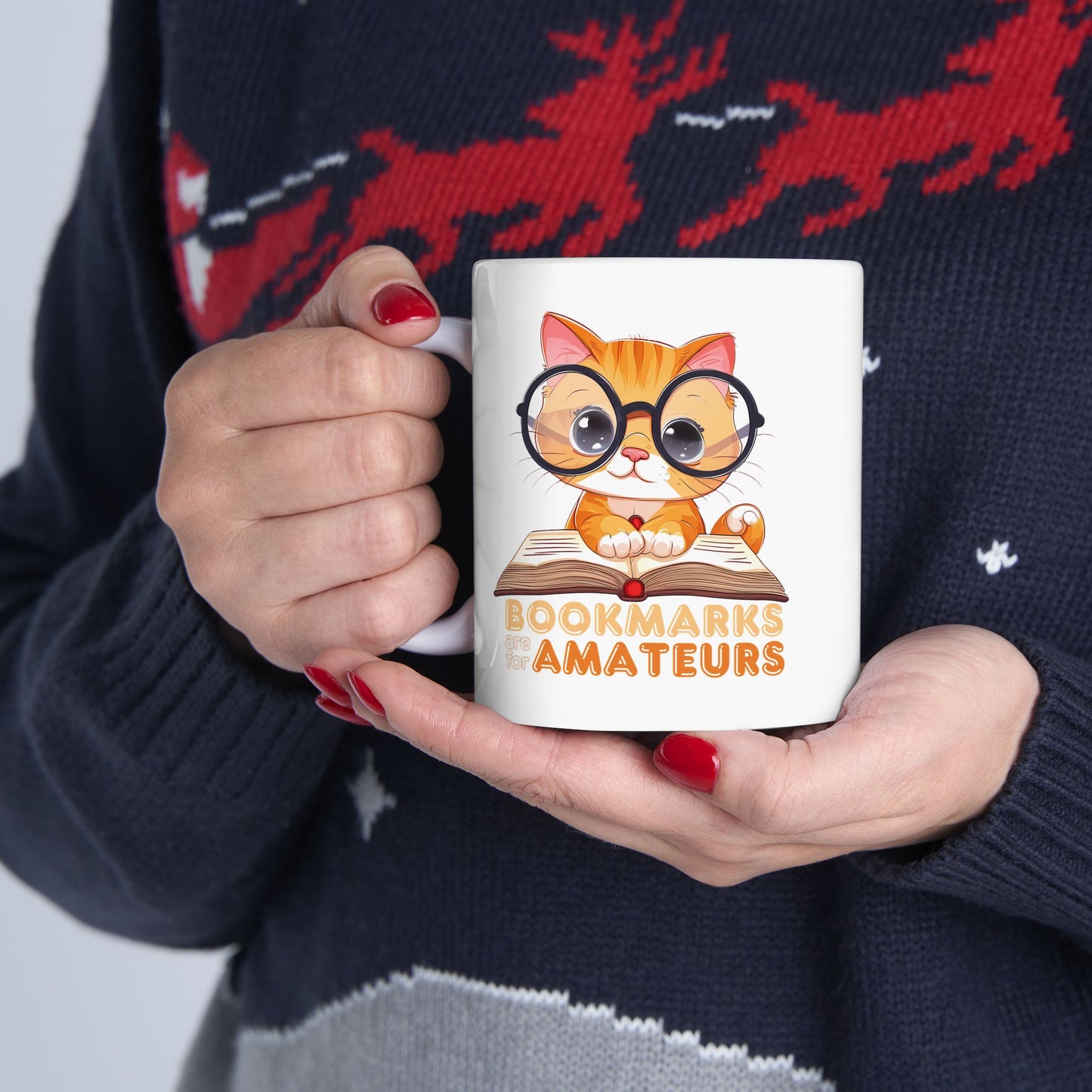 Bookmarks Are for Amateurs Cat Bookworm Mug – Funny Coffee Cup