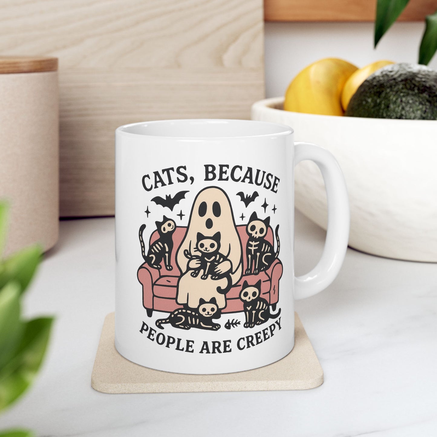 Cats, Because People Are Creepy Halloween Cat Mug – Ghost & Skeleton Kitties Ceramic Coffee Cup (11 oz & 15 oz)