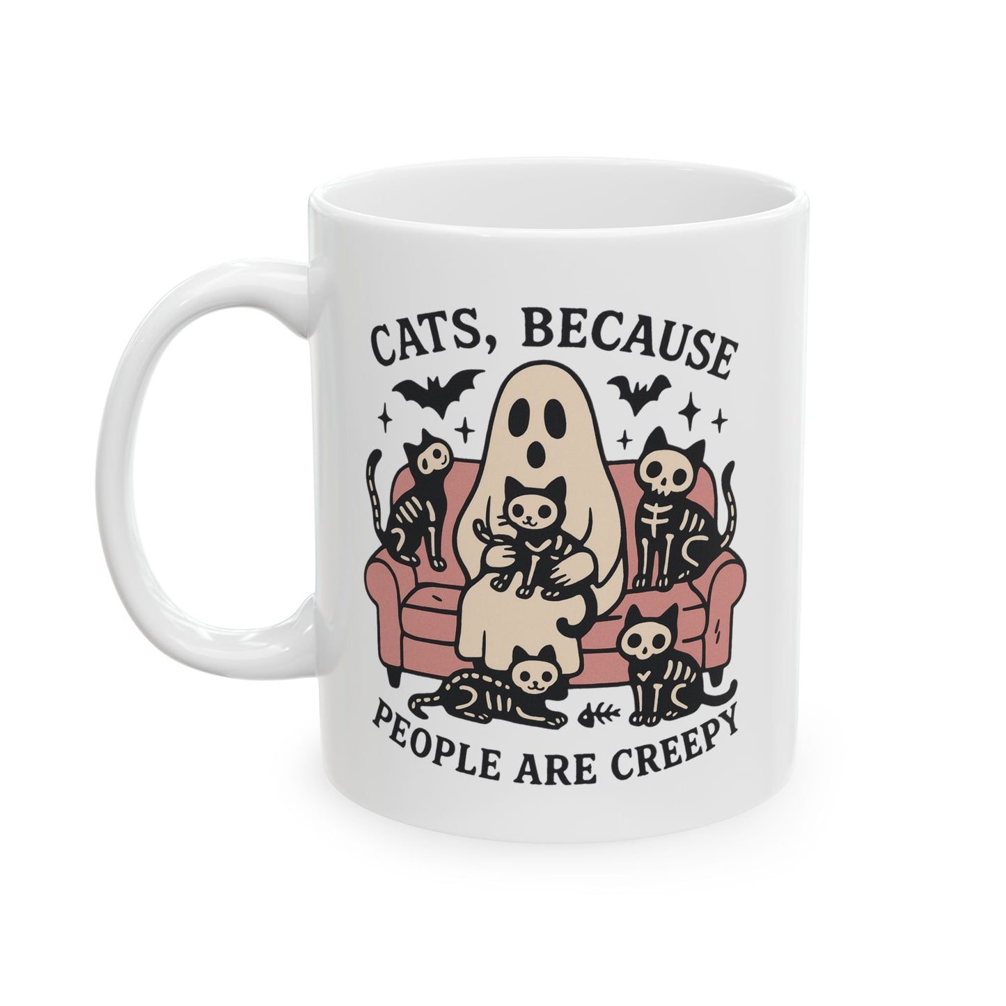 Cats, Because People Are Creepy Halloween Cat Mug – Ghost & Skeleton Kitties Ceramic Coffee Cup (11 oz & 15 oz)