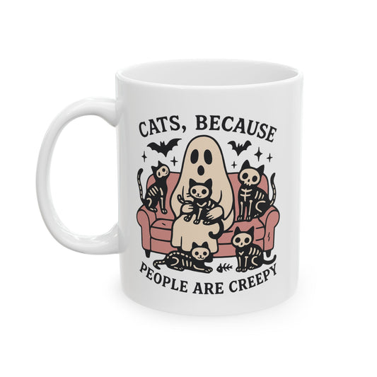 Cats, Because People Are Creepy Halloween Cat Mug – Ghost & Skeleton Kitties Ceramic Coffee Cup (11 oz & 15 oz)