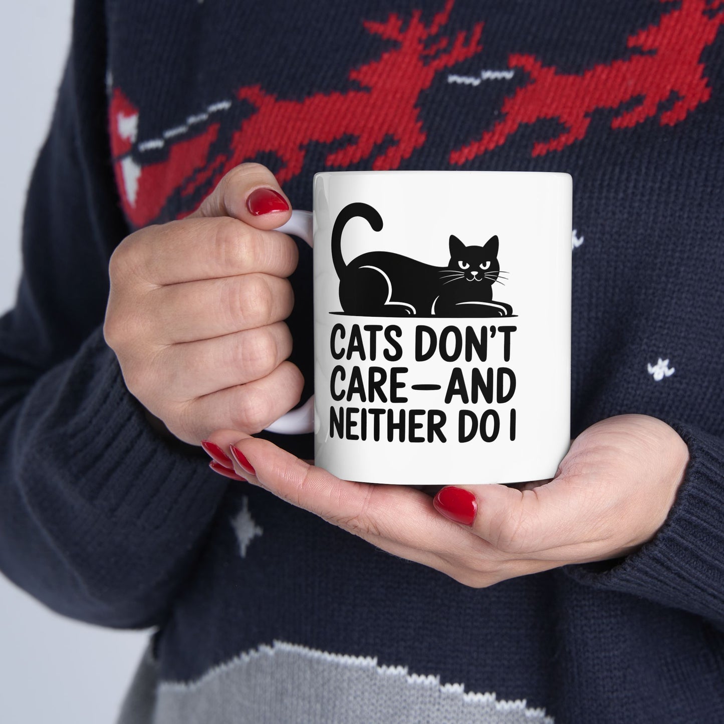 Cats Don’t Care—And Neither Do I” Black Cat Mug – Sarcastic Cat Lover Coffee Cup