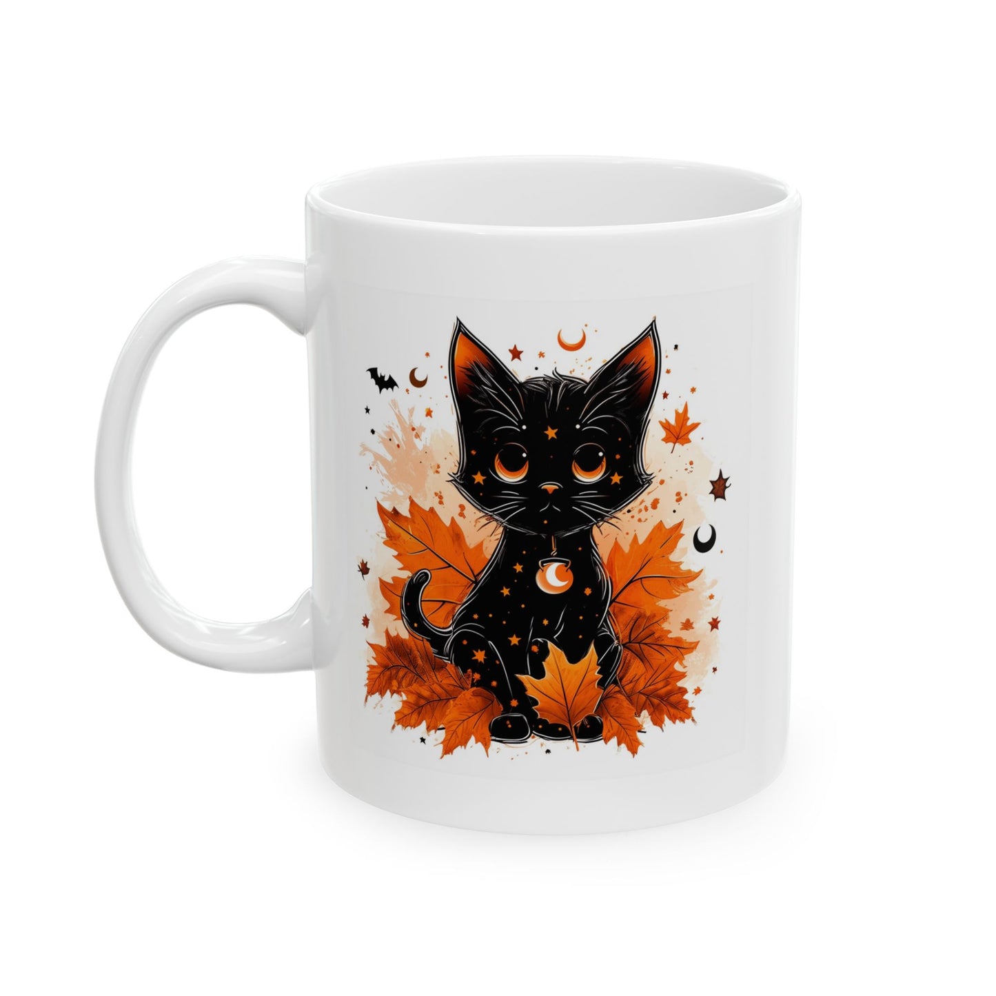 Mystic Autumn Black Cat Mug – Spooky Fall Leaves Coffee Cup