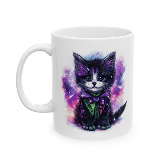 Cosmic Kitten Galaxy Mug – Starry-Night Cat in Bow-Tie Ceramic Cup