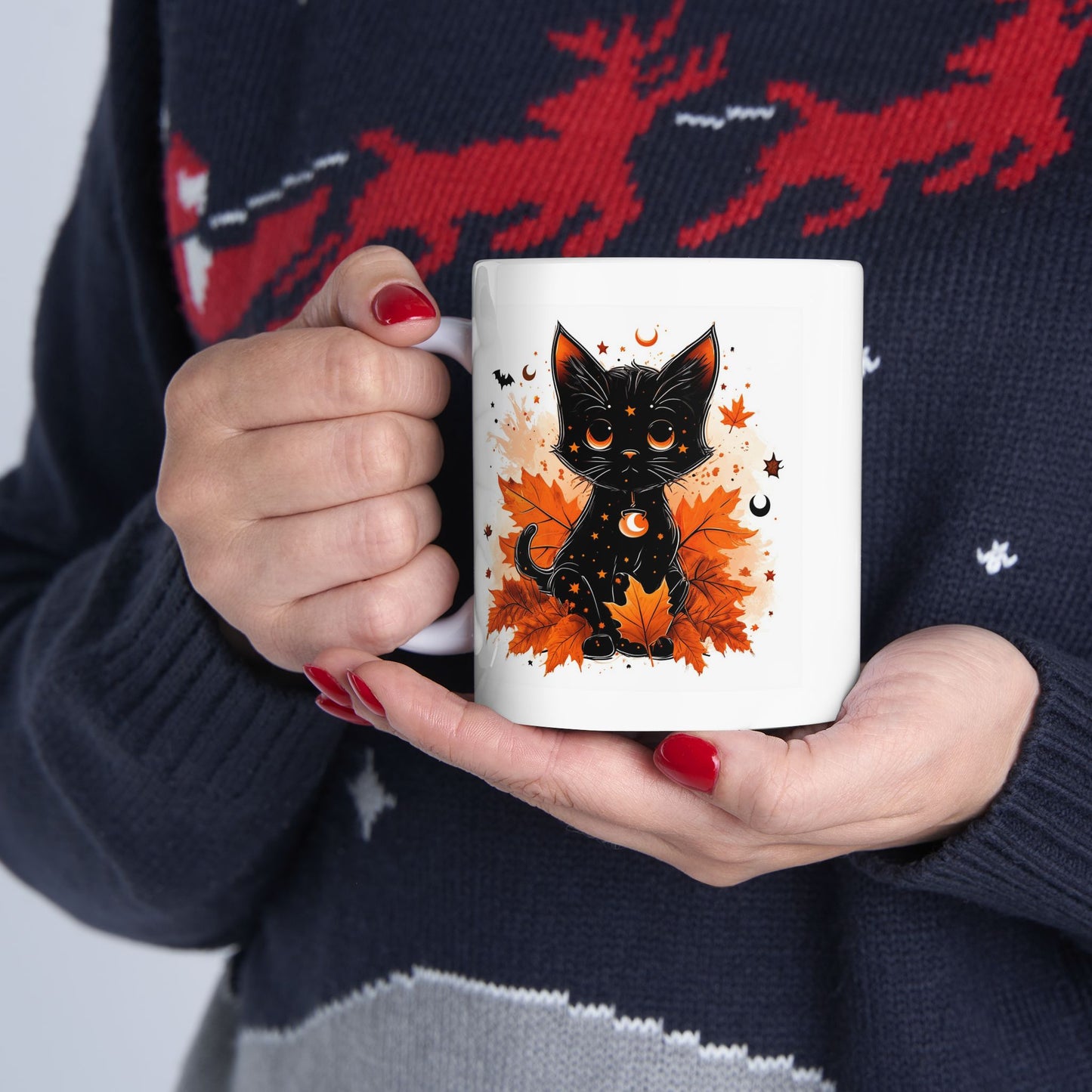 Mystic Autumn Black Cat Mug – Spooky Fall Leaves Coffee Cup