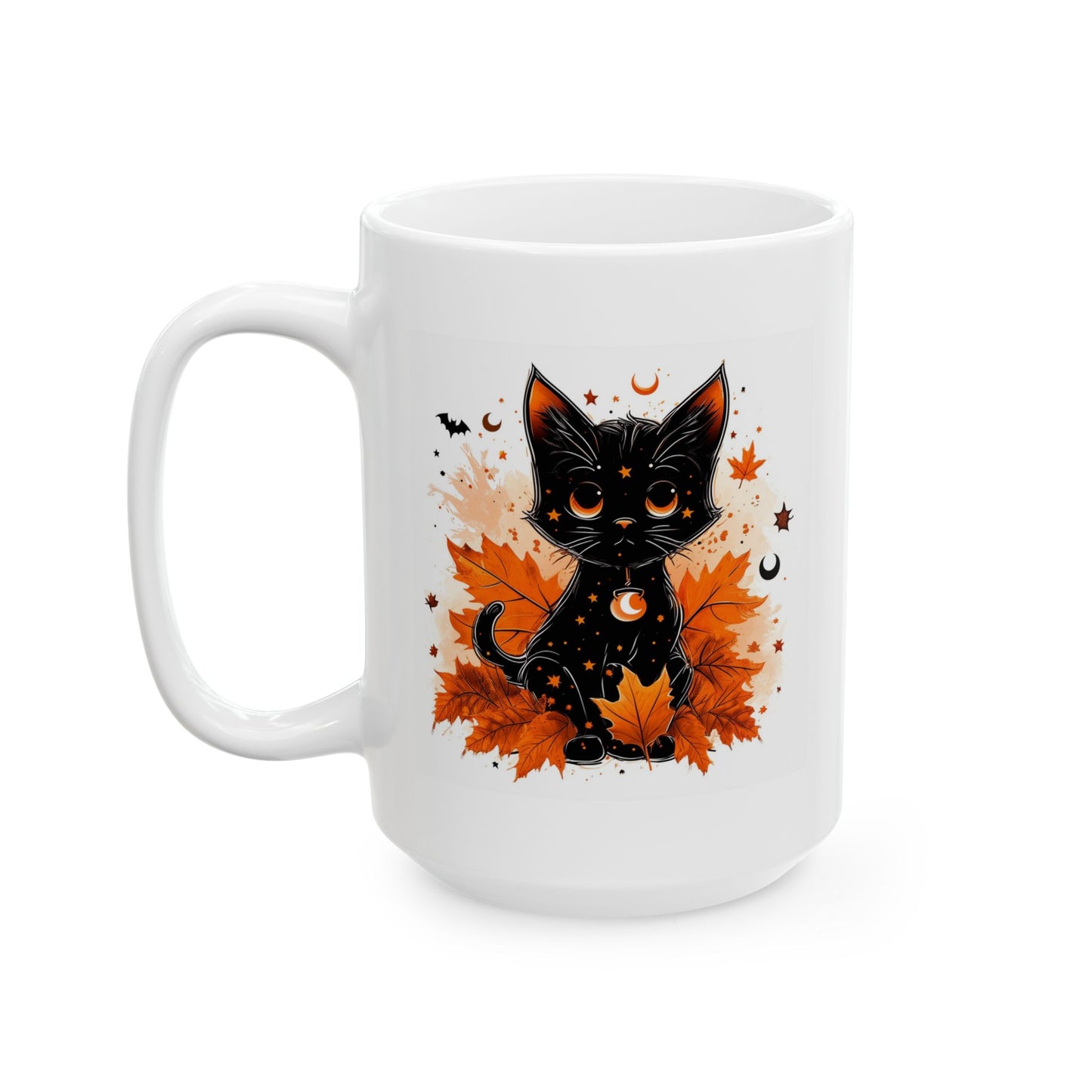 Mystic Autumn Black Cat Mug – Spooky Fall Leaves Coffee Cup