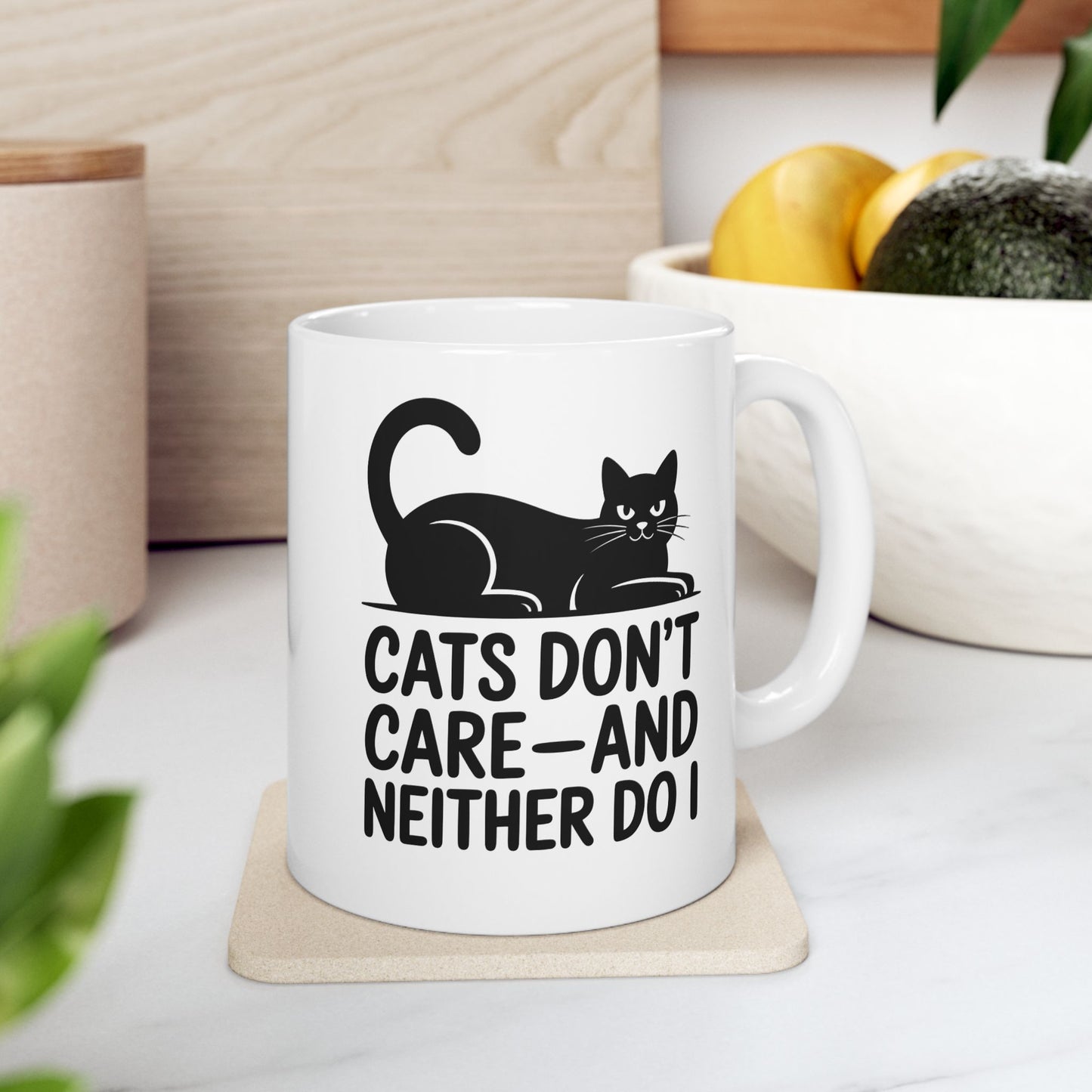 Cats Don’t Care—And Neither Do I” Black Cat Mug – Sarcastic Cat Lover Coffee Cup