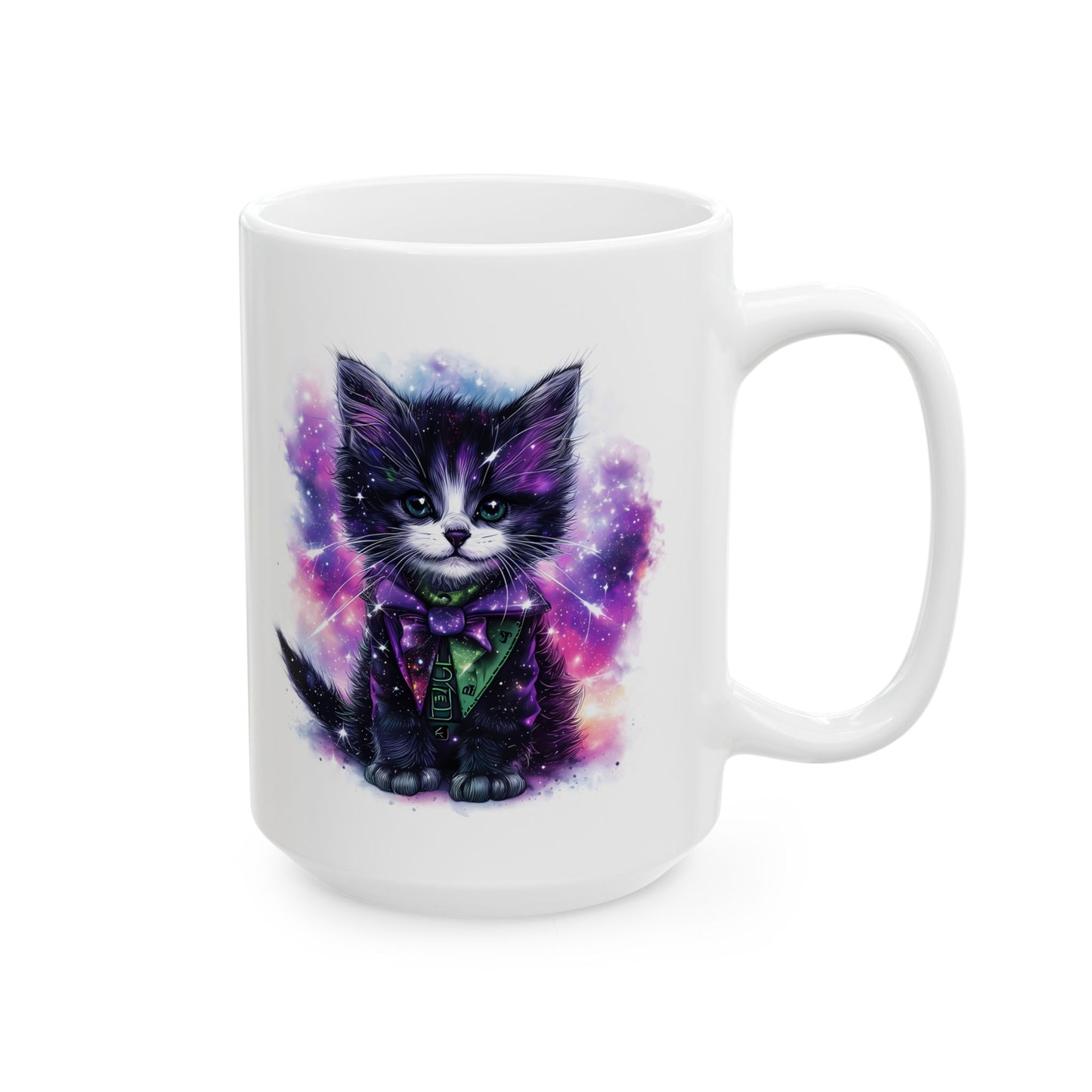 Cosmic Kitten Galaxy Mug – Starry-Night Cat in Bow-Tie Ceramic Cup